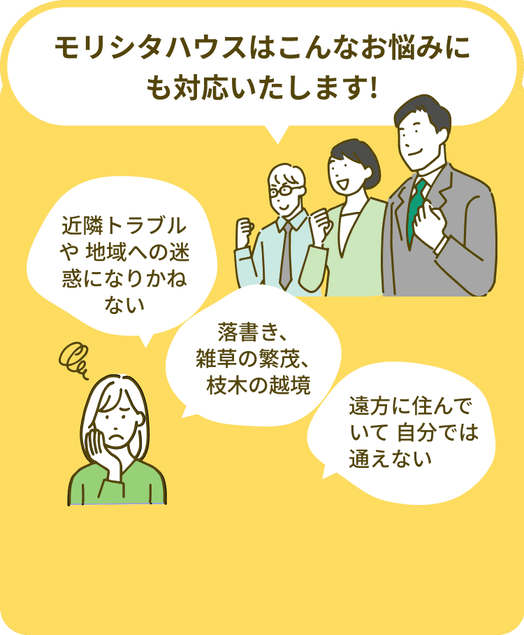 モリシタハウスはこんなお悩みにも対応いたします!近隣トラブルや地域への迷惑になりかねない 落書き、雑草の繁茂、枝木の越境 遠方に住んでいて自分では通えない